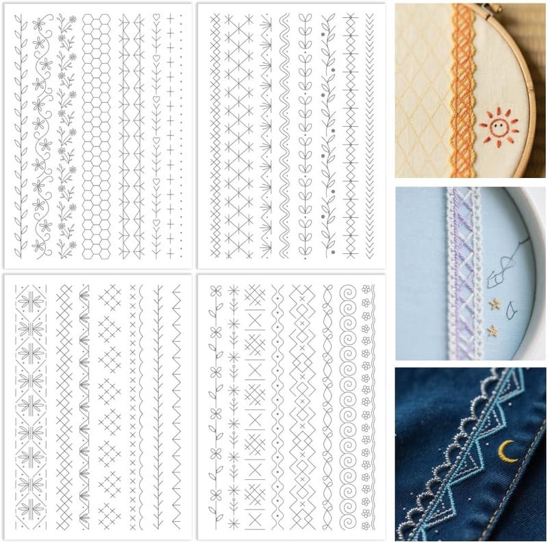ORIGACH 4 Sheets Water Soluble Embroidery Patterns Stabilizers - 32 Pcs Pre-Printed Simple Lace Borders Motifs Designs - Stick & Stitch Embroidery Paper for Hand Sewing Lovers - Image 1
